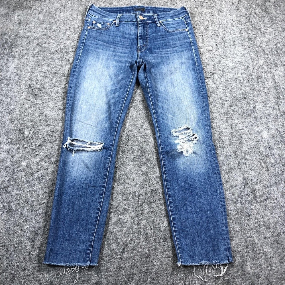 MOTHER Jeans Womens 26 Medium Wash Mid Rise Slim Straight Distressed Raw Hem